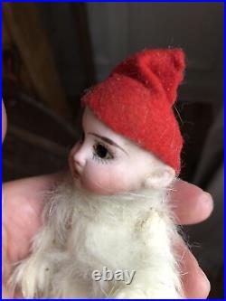 Antique Christmas German Bisque Miniature Doll Fur Outfit Winter Red Cap