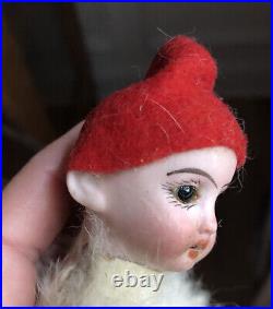 Antique Christmas German Bisque Miniature Doll Fur Outfit Winter Red Cap