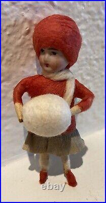 Antique Christmas Heubach cotton bisque Girl muff Ornament