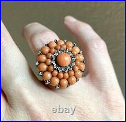 Antique Coral & Seed Pearl 835 Silver Chrysanthemum Ring, Victorian German As Is