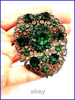Antique Czech German Dress Clip Brooch Fab Emerald Green Crystals Flowers 2.5