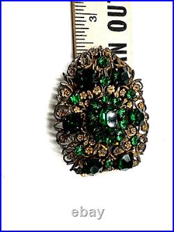 Antique Czech German Dress Clip Brooch Fab Emerald Green Crystals Flowers 2.5