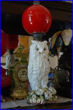 Antique Dresden German Meissen Area Porcelain Flower Snow Owl Oil Whimsical Lamp