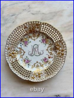 Antique Dresden Plate Pierced Edges 24k Gold Hand Painted WL Monogrammed