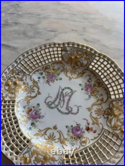Antique Dresden Plate Pierced Edges 24k Gold Hand Painted WL Monogrammed