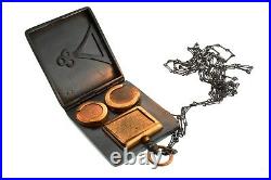 Antique Edwardian German Gunmetal Sovereign Compact Case Holder Chain Necklace