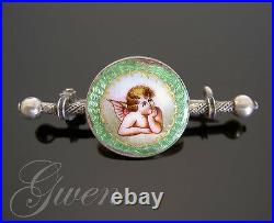 Antique Enamel Guilloche German Cherub Angel Pin Brooch Art Nouveau Silver 800