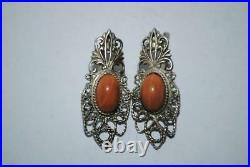 Antique Filigree Silver 835 Women Jewelry Earrings German Natural Coral 8.48g
