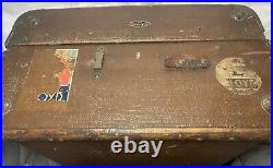 Antique Flat Top German Steamer Trunk Brown Canvas Wood Banded Vintage