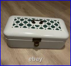Antique GERMAN Teal & White Enamel Metal Bread Box Brass Finishings Vintage RARE Antique GERMAN Teal & White Enamel Metal Bread Box Brass Finishings Vintage RARE