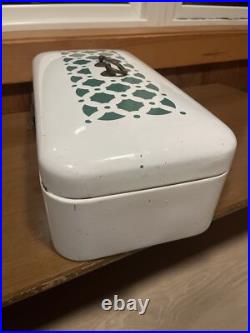 Antique GERMAN Teal & White Enamel Metal Bread Box Brass Finishings Vintage RARE Antique GERMAN Teal & White Enamel Metal Bread Box Brass Finishings Vintage RARE