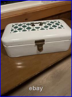 Antique GERMAN Teal & White Enamel Metal Bread Box Brass Finishings Vintage RARE Antique GERMAN Teal & White Enamel Metal Bread Box Brass Finishings Vintage RARE