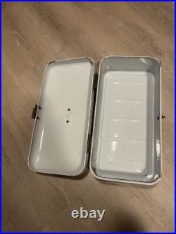 Antique GERMAN Teal & White Enamel Metal Bread Box Brass Finishings Vintage RARE Antique GERMAN Teal & White Enamel Metal Bread Box Brass Finishings Vintage RARE
