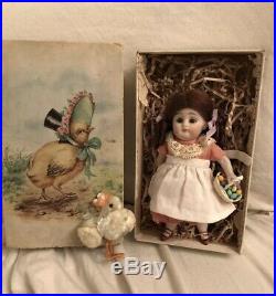 Antique German 5.25 All Bisque Kestner 158 Doll Easter Chick Box & Accessories