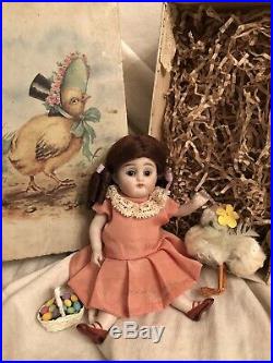 Antique German 5.25 All Bisque Kestner 158 Doll Easter Chick Box & Accessories