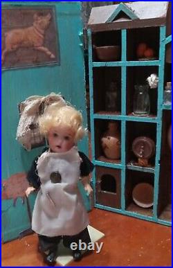 Antique German 7 Theodor Recknagel Bisque Head Doll & Wood Dollhouse