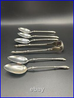 Antique German 800 Silver Teaspoons And Sugar Tongs Set, Deer/goat Hoof Motif Antique German 800 Silver Teaspoons And Sugar Tongs Set, Deer/goat Hoof Motif