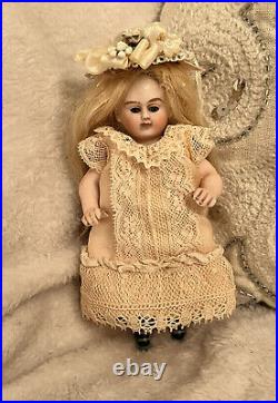Antique German All Bisque 4.5 Doll With Fancy Teal Shoes And Handmade Dress
