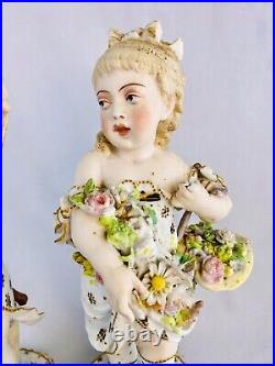 Antique German All Bisque Figurines Boy & Girl Carrying Flowers 12 Tall