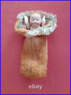 Antique German All Bisque Hertwig Pink Candy Baby Dollhouse Doll 2.5