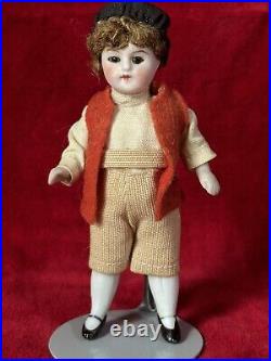 Antique German All Bisque Mignonette Boy 3 3/4 Doll Cabinet Size With Toy