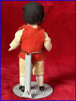 Antique German All Bisque Mignonette Boy 3 3/4 Doll Cabinet Size With Toy