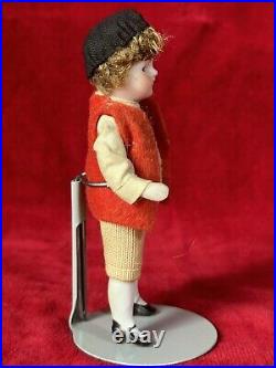 Antique German All Bisque Mignonette Boy 3 3/4 Doll Cabinet Size With Toy