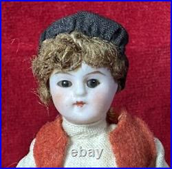 Antique German All Bisque Mignonette Boy 3 3/4 Doll Cabinet Size With Toy