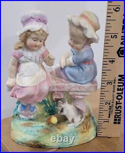 Antique German All Bisque Two Girls Playing With Cat Match Or Toothpick Holder