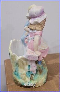 Antique German All Bisque Two Girls Playing With Cat Match Or Toothpick Holder