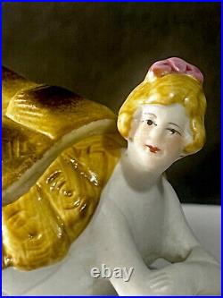 Antique German Art Deco Bisque Bathing Beauty Turtle Naughty Lady Figurine