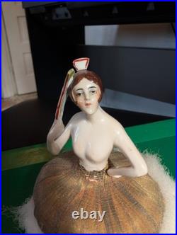 Antique German Art Deco Flapper lady half doll with Fan, makeup powder puff Nice