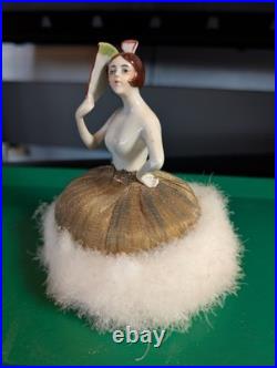 Antique German Art Deco Flapper lady half doll with Fan, makeup powder puff Nice