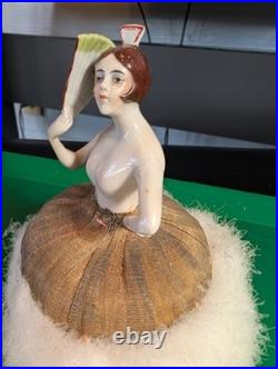 Antique German Art Deco Flapper lady half doll with Fan, makeup powder puff Nice