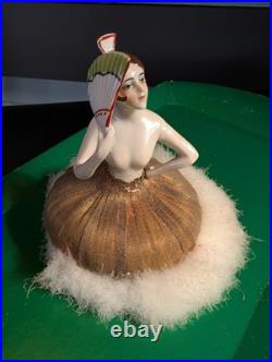 Antique German Art Deco Flapper lady half doll with Fan, makeup powder puff Nice