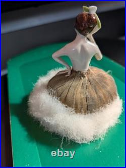 Antique German Art Deco Flapper lady half doll with Fan, makeup powder puff Nice