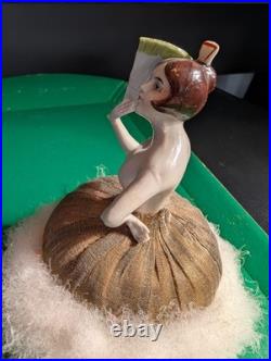 Antique German Art Deco Flapper lady half doll with Fan, makeup powder puff Nice