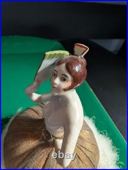 Antique German Art Deco Flapper lady half doll with Fan, makeup powder puff Nice