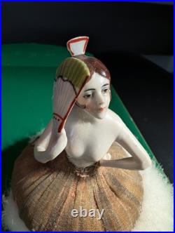 Antique German Art Deco Flapper lady half doll with Fan, makeup powder puff Nice