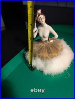 Antique German Art Deco Flapper lady half doll with Fan, makeup powder puff Nice
