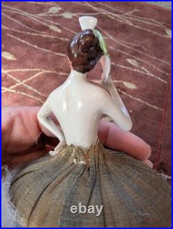 Antique German Art Deco Flapper lady half doll with Fan, makeup powder puff Nice