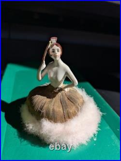 Antique German Art Deco Flapper lady half doll with Fan, makeup powder puff Nice