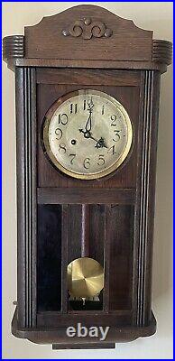 Antique German Art Deco Gong Chime 8 Day Wall Clock with Key 29 x 13 x 6