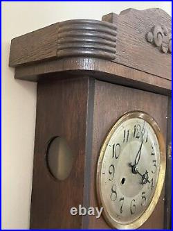 Antique German Art Deco Gong Chime 8 Day Wall Clock with Key 29 x 13 x 6