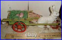Antique German BUNNY RABBIT WHITE PULLING WAGON Easter Candy Container 1920s