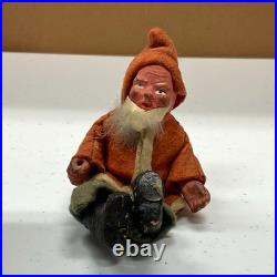 Antique German Belsnickle Sitting Santa Figure Clay Face & Hands Felt Suit