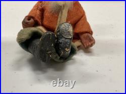 Antique German Belsnickle Sitting Santa Figure Clay Face & Hands Felt Suit