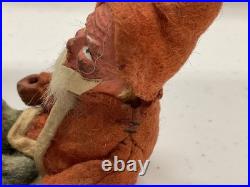 Antique German Belsnickle Sitting Santa Figure Clay Face & Hands Felt Suit
