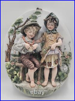 Antique German Bisque 3D Wall Plaque Framed High Relief Germany Children
