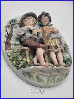 Antique German Bisque 3D Wall Plaque Framed High Relief Germany Children